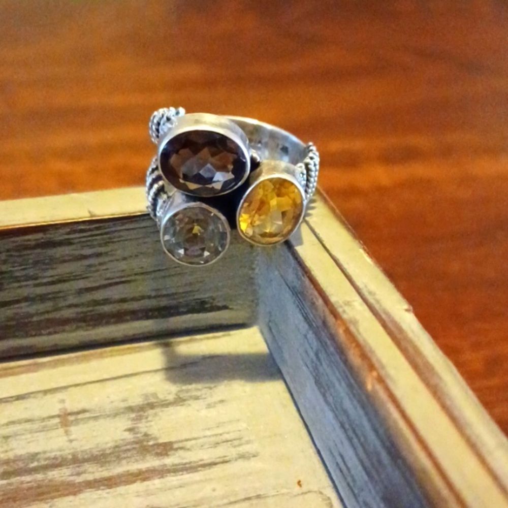 Vintage Sterling  Silver Rope Citron  Hematite & Cubic Z. Cluster Ring 6